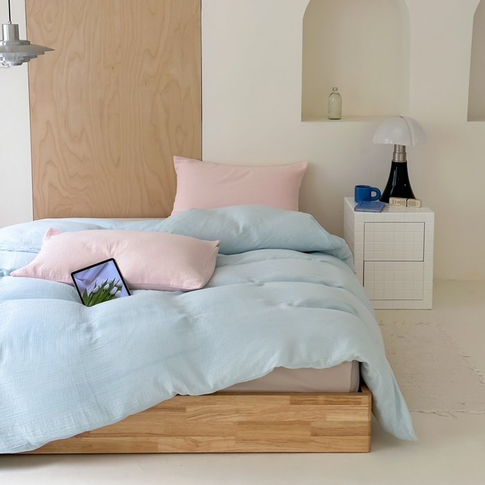 91家纺网 家纺一手货源 找家纺 玛奇朵 2023新品ins混搭风双层皱皱纱四件套 梦幻海盐