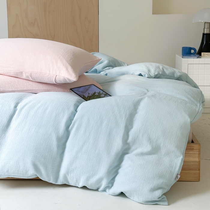 91家纺网 家纺一手货源 找家纺 玛奇朵 2023新品ins混搭风双层皱皱纱四件套 梦幻海盐