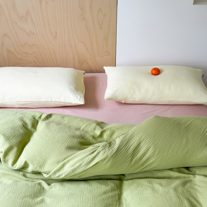 91家纺网 家纺一手货源 找家纺 玛奇朵 2023新品ins混搭风双层皱皱纱四件套 Good抹柠