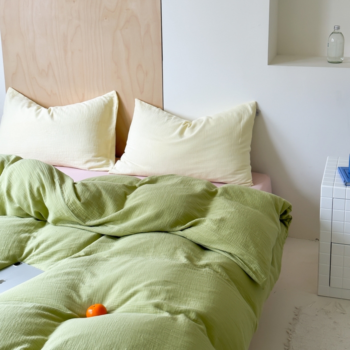 91家纺网 家纺一手货源 找家纺 玛奇朵 2023新品ins混搭风双层皱皱纱四件套 Good抹柠