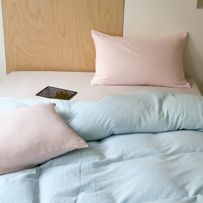 91家纺网 家纺一手货源 找家纺 玛奇朵 2023新品ins混搭风双层皱皱纱四件套 梦幻海盐