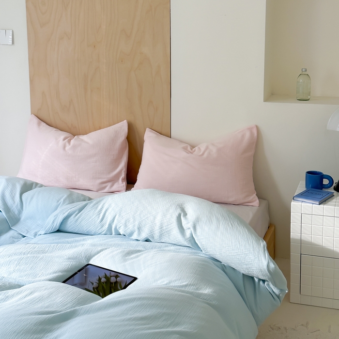 91家纺网 家纺一手货源 找家纺 玛奇朵 2023新品ins混搭风双层皱皱纱四件套 Good抹柠