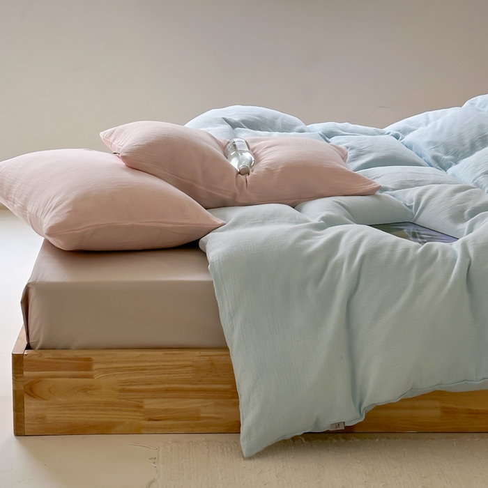 91家纺网 家纺一手货源 找家纺 玛奇朵 2023新品ins混搭风双层皱皱纱四件套 梦幻海盐