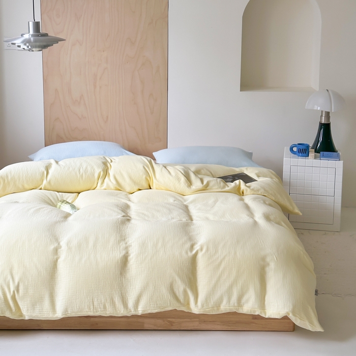 91家纺网 家纺一手货源 找家纺 玛奇朵 2023新品ins混搭风双层皱皱纱四件套 奶油芝芝