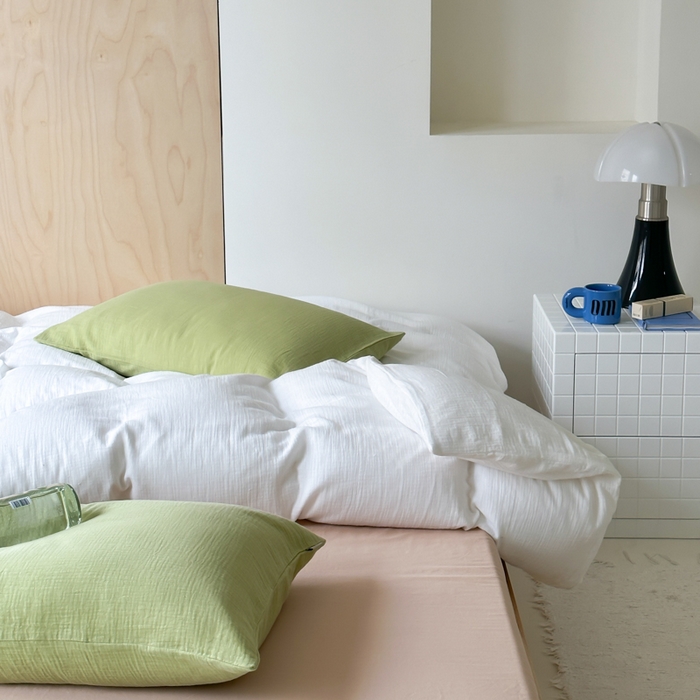 91家纺网 家纺一手货源 找家纺 玛奇朵 2023新品ins混搭风双层皱皱纱四件套 奶油森林