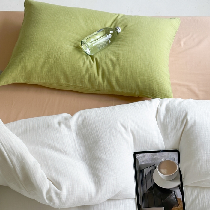 91家纺网 家纺一手货源 找家纺 玛奇朵 2023新品ins混搭风双层皱皱纱四件套 奶油森林