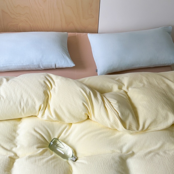 91家纺网 家纺一手货源 找家纺 玛奇朵 2023新品ins混搭风双层皱皱纱四件套 奶油芝芝