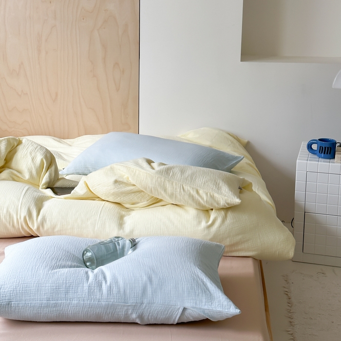 91家纺网 家纺一手货源 找家纺 玛奇朵 2023新品ins混搭风双层皱皱纱四件套 奶油芝芝