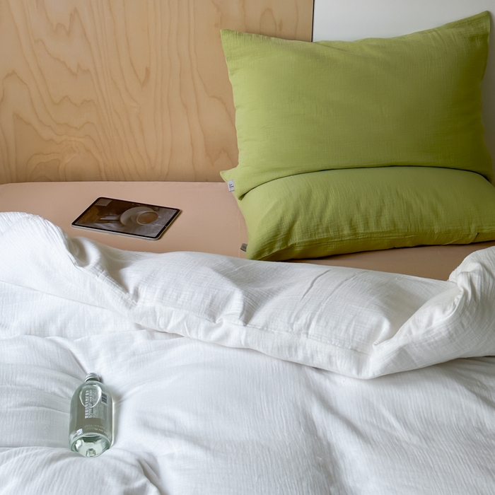 91家纺网 家纺一手货源 找家纺 玛奇朵 2023新品ins混搭风双层皱皱纱四件套 奶油森林