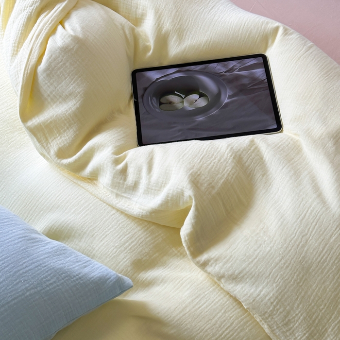 91家纺网 家纺一手货源 找家纺 玛奇朵 2023新品ins混搭风双层皱皱纱四件套 奶油芝芝