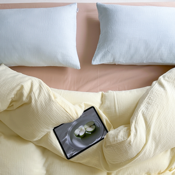 91家纺网 家纺一手货源 找家纺 玛奇朵 2023新品ins混搭风双层皱皱纱四件套 奶油芝芝