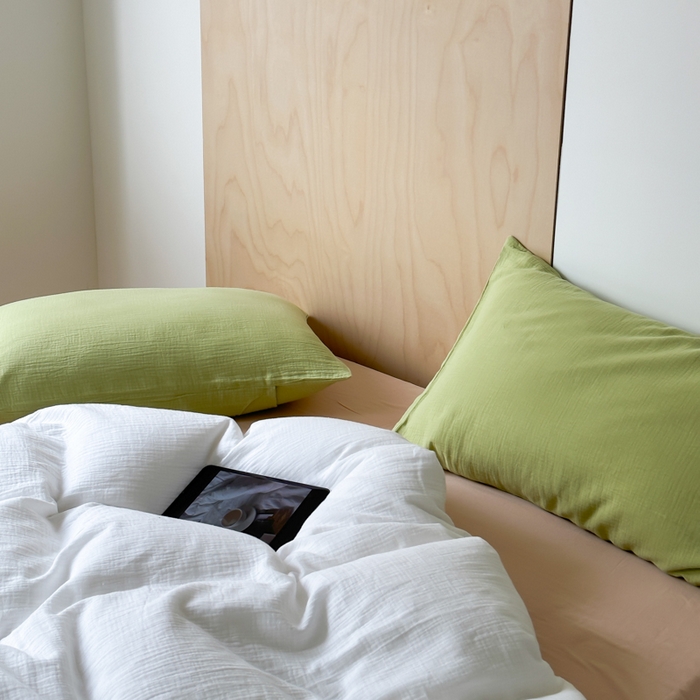 91家纺网 家纺一手货源 找家纺 玛奇朵 2023新品ins混搭风双层皱皱纱四件套 奶油森林