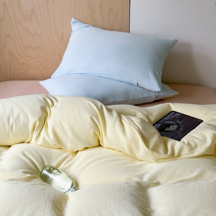 91家纺网 家纺一手货源 找家纺 玛奇朵 2023新品ins混搭风双层皱皱纱四件套 奶油芝芝