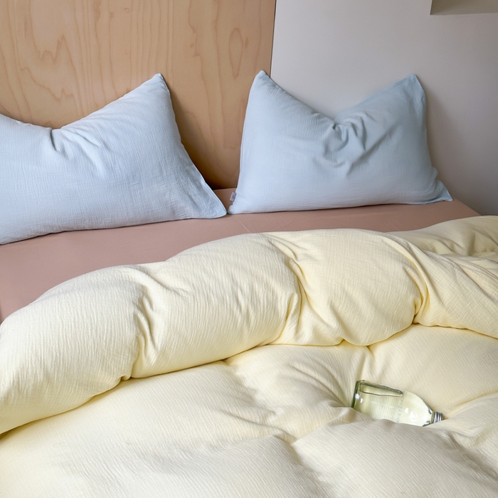 91家纺网 家纺一手货源 找家纺 玛奇朵 2023新品ins混搭风双层皱皱纱四件套 奶油芝芝