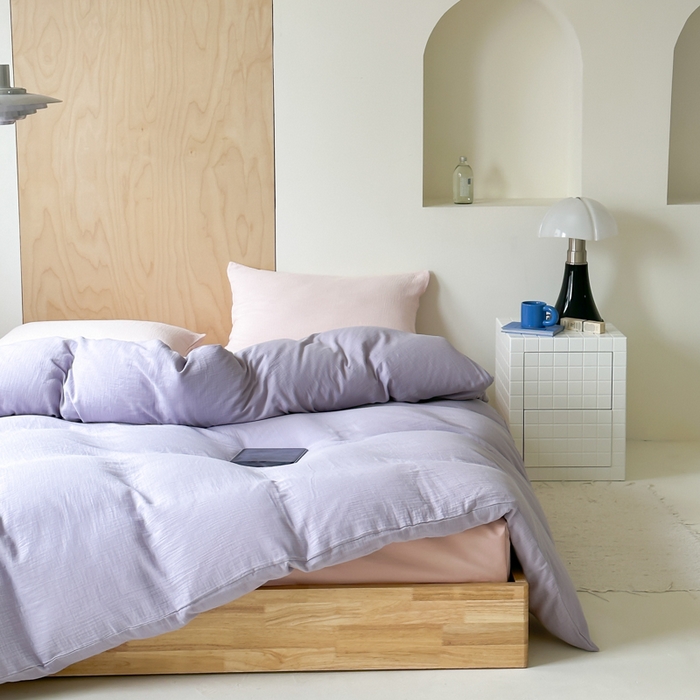 91家纺网 家纺一手货源 找家纺 玛奇朵 2023新品ins混搭风双层皱皱纱四件套 芋泥啵啵