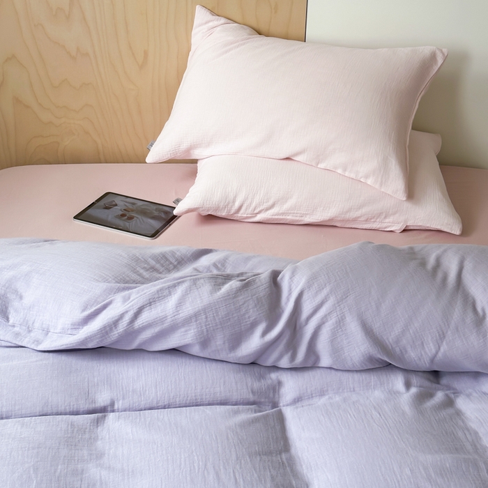 91家纺网 家纺一手货源 找家纺 玛奇朵 2023新品ins混搭风双层皱皱纱四件套 芋泥啵啵