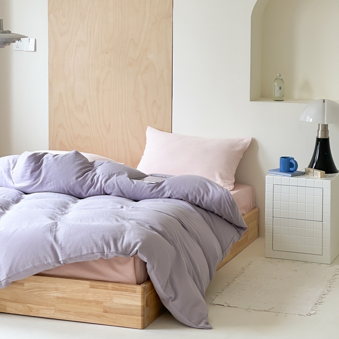 91家纺网 家纺一手货源 找家纺 玛奇朵 2023新品ins混搭风双层皱皱纱四件套 芋泥啵啵