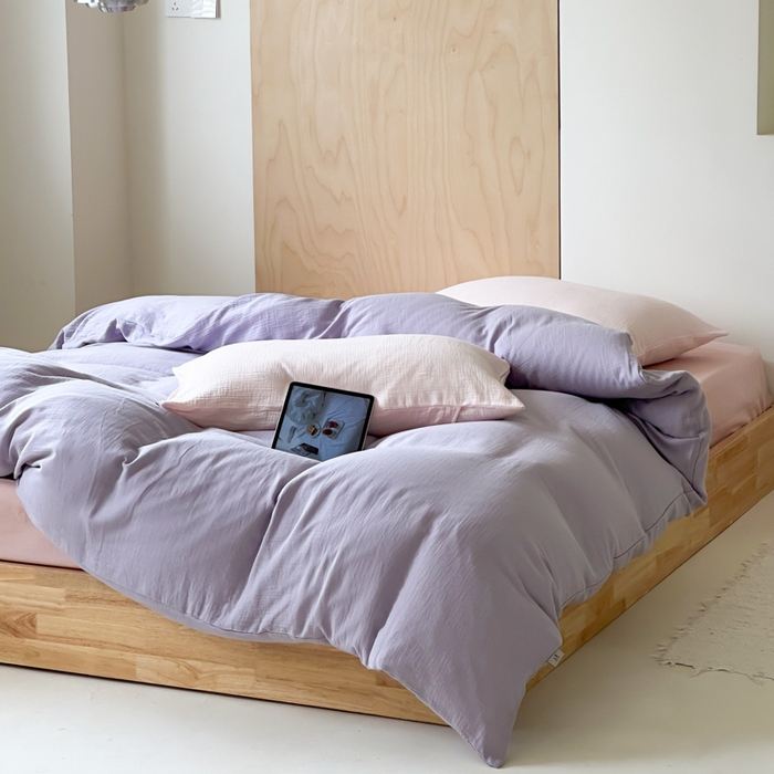 91家纺网 家纺一手货源 找家纺 玛奇朵 2023新品ins混搭风双层皱皱纱四件套 芋泥啵啵