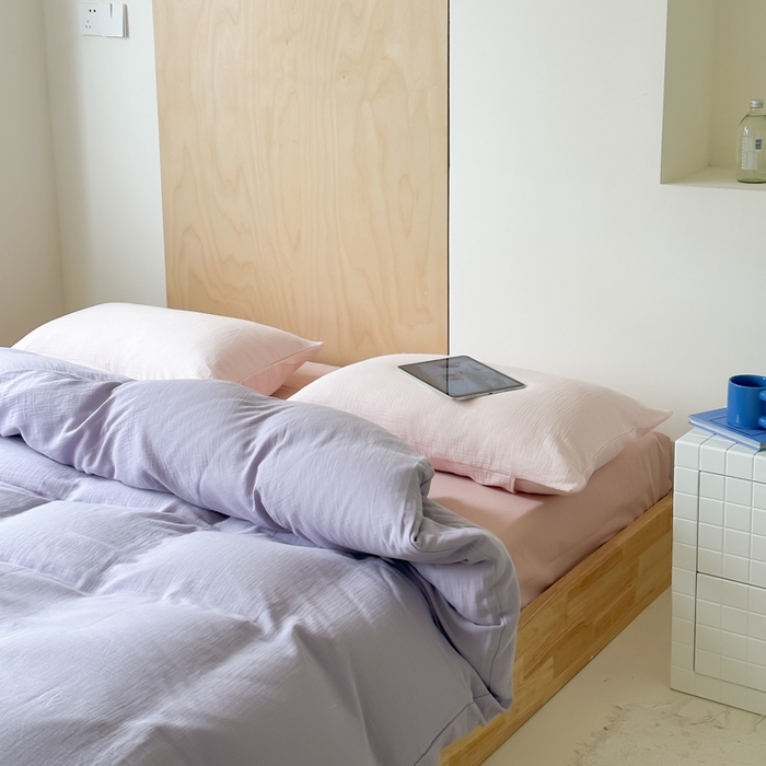 91家纺网 家纺一手货源 找家纺 玛奇朵 2023新品ins混搭风双层皱皱纱四件套 芋泥啵啵