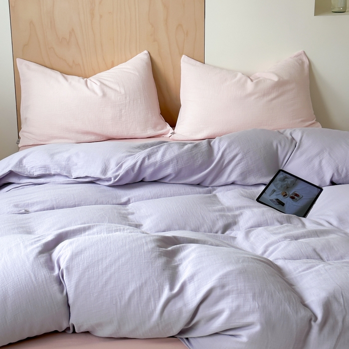 91家纺网 家纺一手货源 找家纺 玛奇朵 2023新品ins混搭风双层皱皱纱四件套 芋泥啵啵