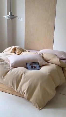 91家纺网 家纺一手货源 找家纺 玛奇朵 2023新品ins混搭风双层皱皱纱四件套 香草丝绒