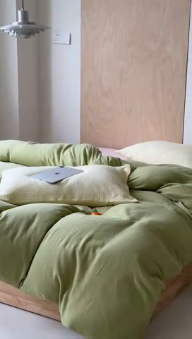 91家纺网 家纺一手货源 找家纺 （总）玛奇朵 2023新品ins混搭风双层皱皱纱四件套