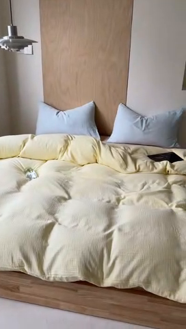 91家纺网 家纺一手货源 找家纺 玛奇朵 2023新品ins混搭风双层皱皱纱四件套 奶油芝芝