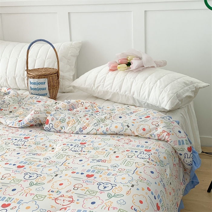 91家纺网 家纺一手货源 找家纺 昔可家纺 2023新款花边款云柔针织大豆夏被 涂鸦画