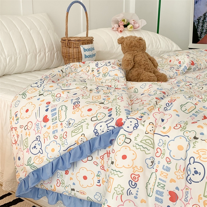 91家纺网 家纺一手货源 找家纺 昔可家纺 2023新款花边款云柔针织大豆夏被 涂鸦画