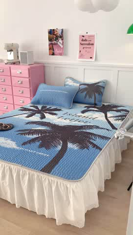 91家纺网 家纺一手货源 找家纺 昔可家纺 2023新款ins创意风乳胶凉席 海岛椰树