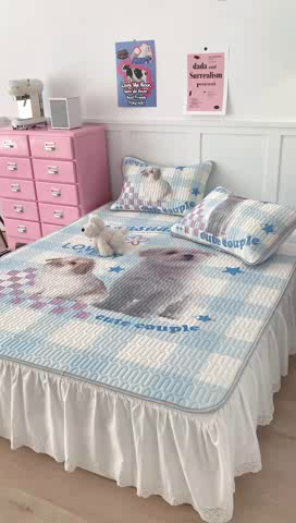 91家纺网 家纺一手货源 找家纺 昔可家纺 2023新款ins创意风乳胶凉席 蓝格宠物