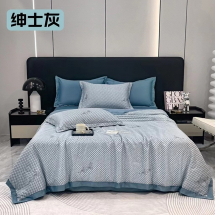 91家纺网 家纺一手货源 找家纺 玖琳家纺  2024新款雅鹿水洗真丝夏被四件套 绅士灰