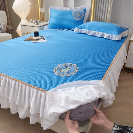 91家纺网 家纺一手货源 找家纺 （总）家之硕2024新款A类华夫格床笠花边床裙款软凉席三件套