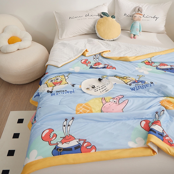 91家纺网 家纺一手货源 找家纺 一米阳光 2023新款凉感丝豆豆款包边夏被 海绵宝宝