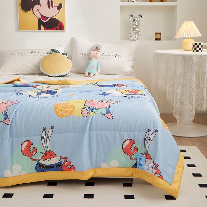 91家纺网 家纺一手货源 找家纺 一米阳光 2023新款凉感丝豆豆款包边夏被 海绵宝宝