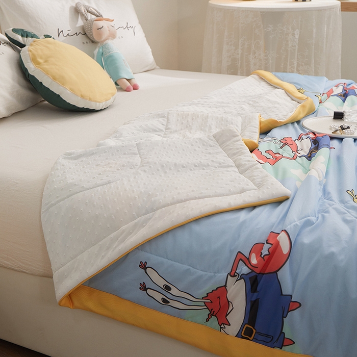 91家纺网 家纺一手货源 找家纺 一米阳光 2023新款凉感丝豆豆款包边夏被 海绵宝宝