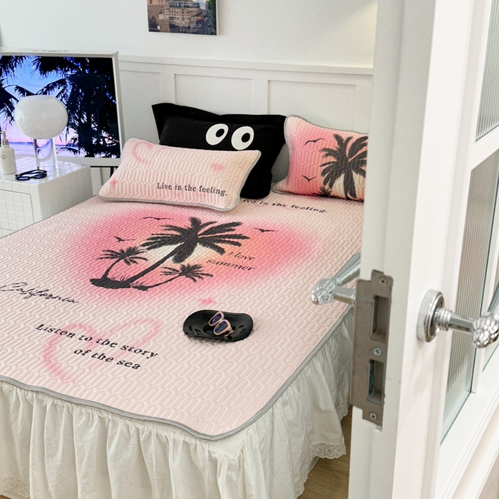 91家纺网 家纺一手货源 找家纺 昔可2023新款ins简约风乳胶凉席 粉色晕染椰树