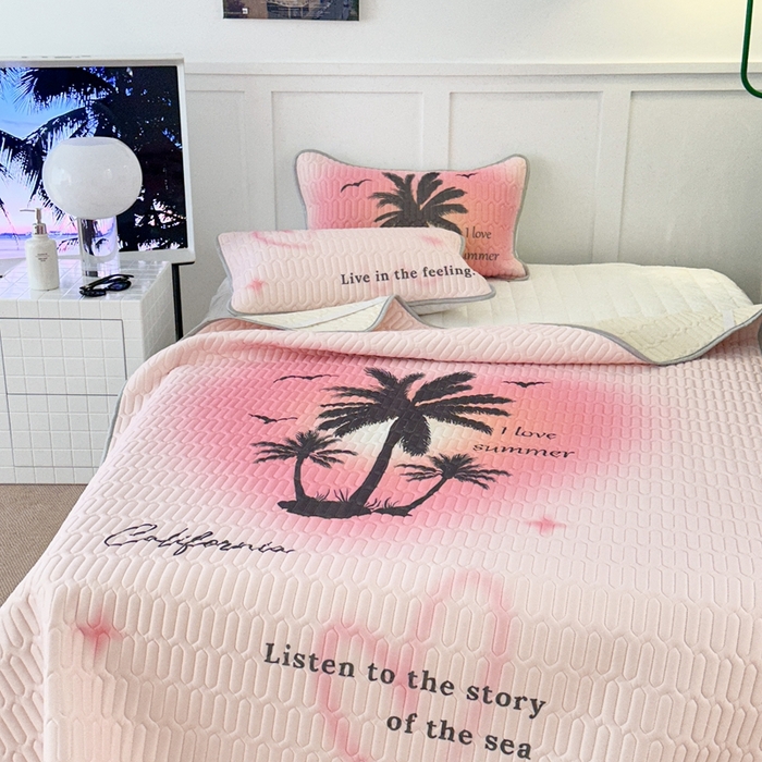 91家纺网 家纺一手货源 找家纺 昔可2023新款ins简约风乳胶凉席 粉色晕染椰树