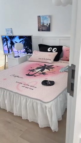 91家纺网 家纺一手货源 找家纺 昔可2023新款ins简约风乳胶凉席 粉色晕染椰树