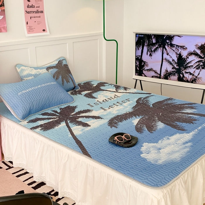 91家纺网 家纺一手货源 找家纺 昔可家纺2023新款ins创意风乳胶凉席 海岛椰树