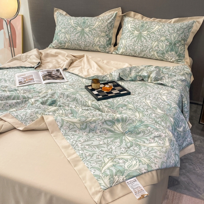 91家纺网 家纺一手货源 找家纺 棉生活 2023新款莱赛尔天丝绣花夏被 洛丽塔 绿