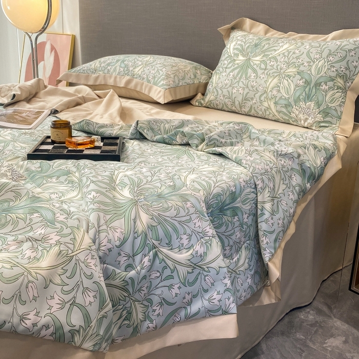 91家纺网 家纺一手货源 找家纺 棉生活 2023新款莱赛尔天丝绣花夏被 洛丽塔 绿