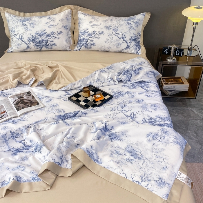 91家纺网 家纺一手货源 找家纺 棉生活 2023新款莱赛尔天丝绣花夏被 墨林 蓝