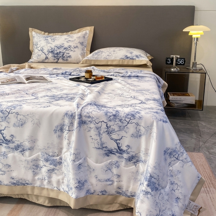 91家纺网 家纺一手货源 找家纺 棉生活 2023新款莱赛尔天丝绣花夏被 墨林 蓝