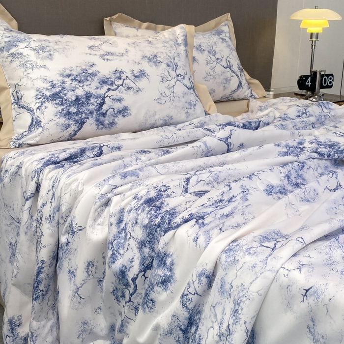 91家纺网 家纺一手货源 找家纺 棉生活 2023新款莱赛尔天丝绣花夏被 墨林 蓝