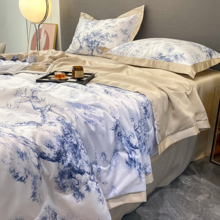 91家纺网 家纺一手货源 找家纺 棉生活 2023新款莱赛尔天丝绣花夏被 墨林 蓝