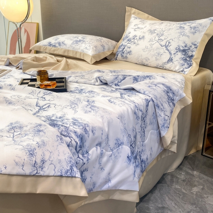 91家纺网 家纺一手货源 找家纺 棉生活 2023新款莱赛尔天丝绣花夏被 墨林 蓝