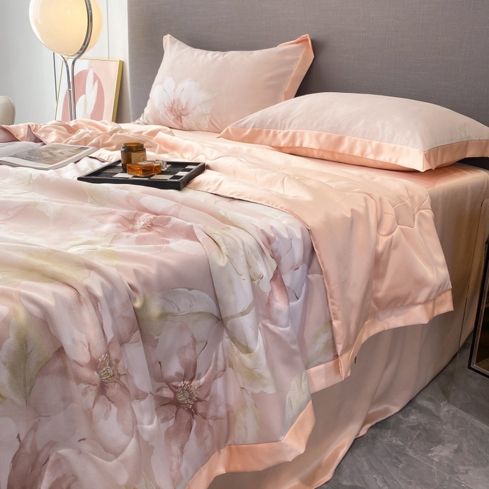 91家纺网 家纺一手货源 找家纺 棉生活 2023新款莱赛尔天丝绣花夏被 香蜜 粉