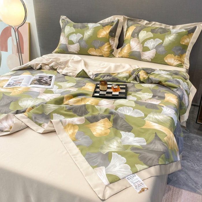 91家纺网 家纺一手货源 找家纺 棉生活 2023新款莱赛尔天丝绣花夏被 银杏叶 绿