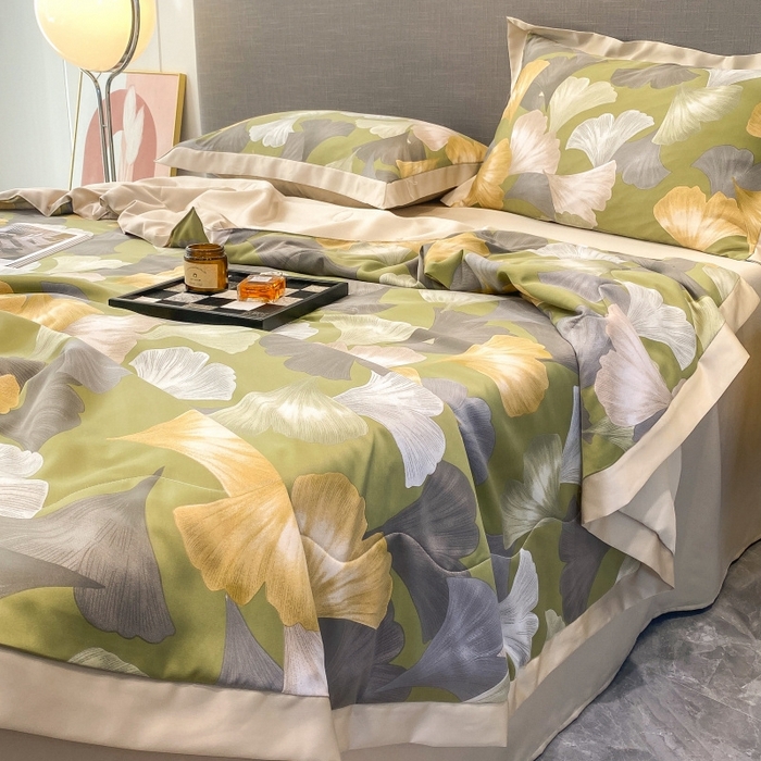 91家纺网 家纺一手货源 找家纺 棉生活 2023新款莱赛尔天丝绣花夏被 银杏叶 绿